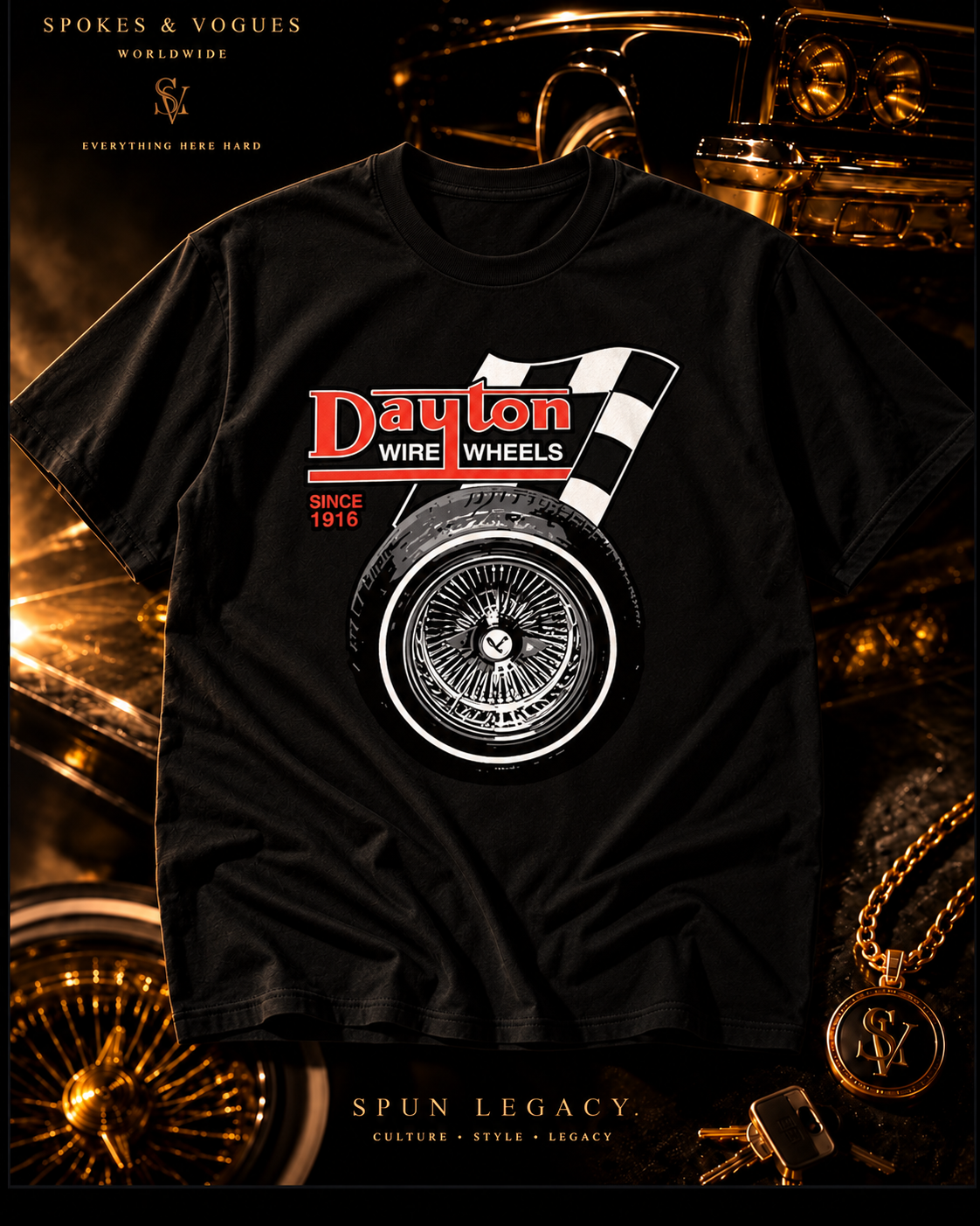 Dayton Wire Wheels graphic black tee in black and gold display