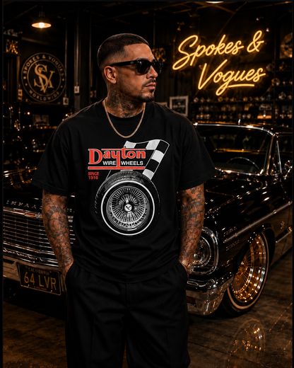 Model wearing Dayton Wire Wheels black graphic tee