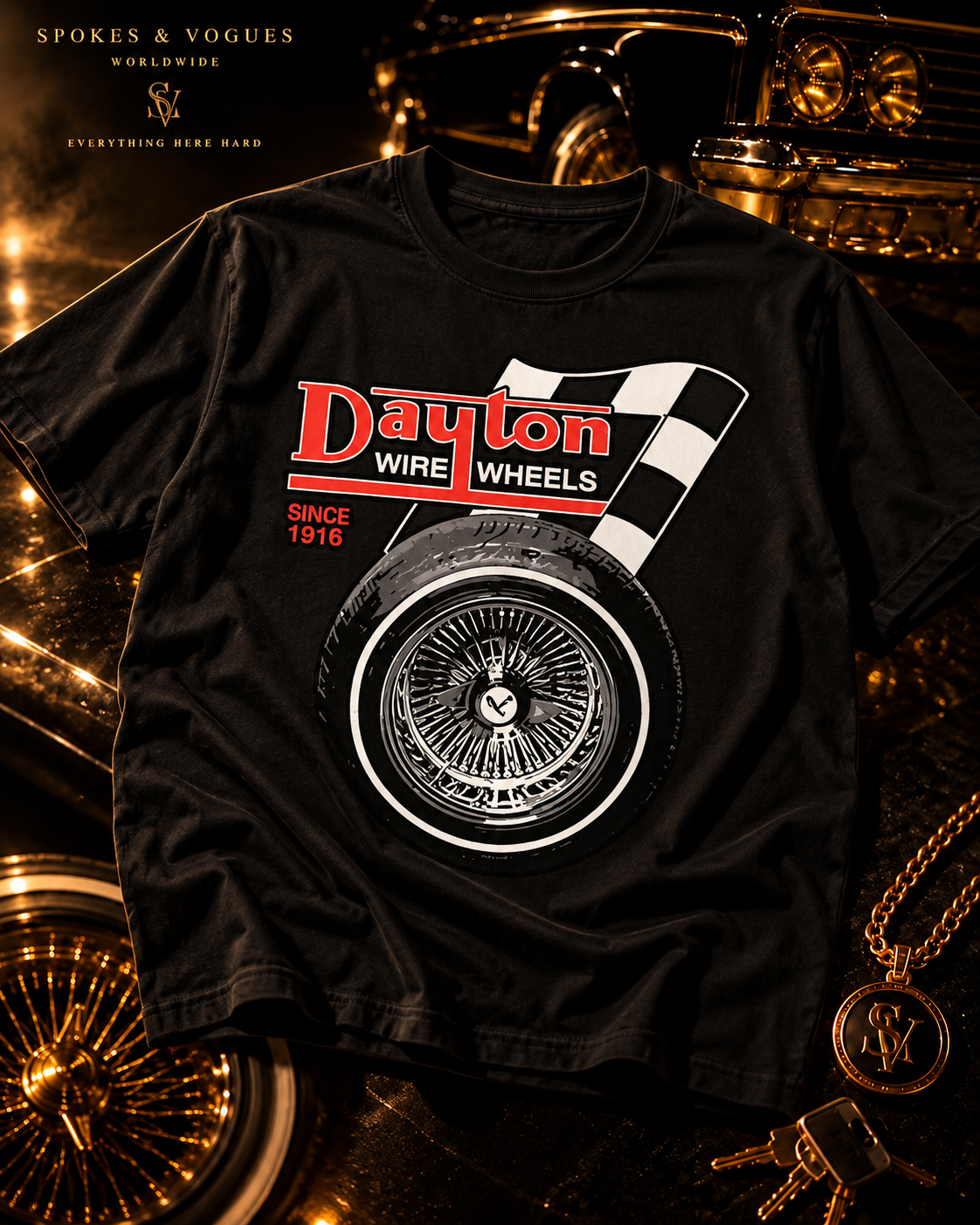 Close view of Dayton logo checkered flag and wire wheel tee print