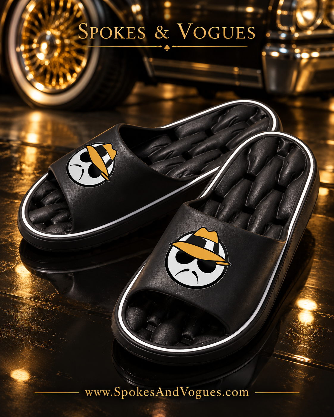 Black lowrider graphic slides in a black and gold garage display