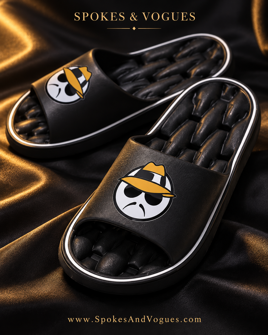 Close-up of lowrider slides with gold hat graphic and textured footbed