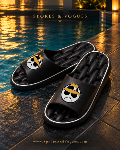 Black lowrider graphic slides beside a pool