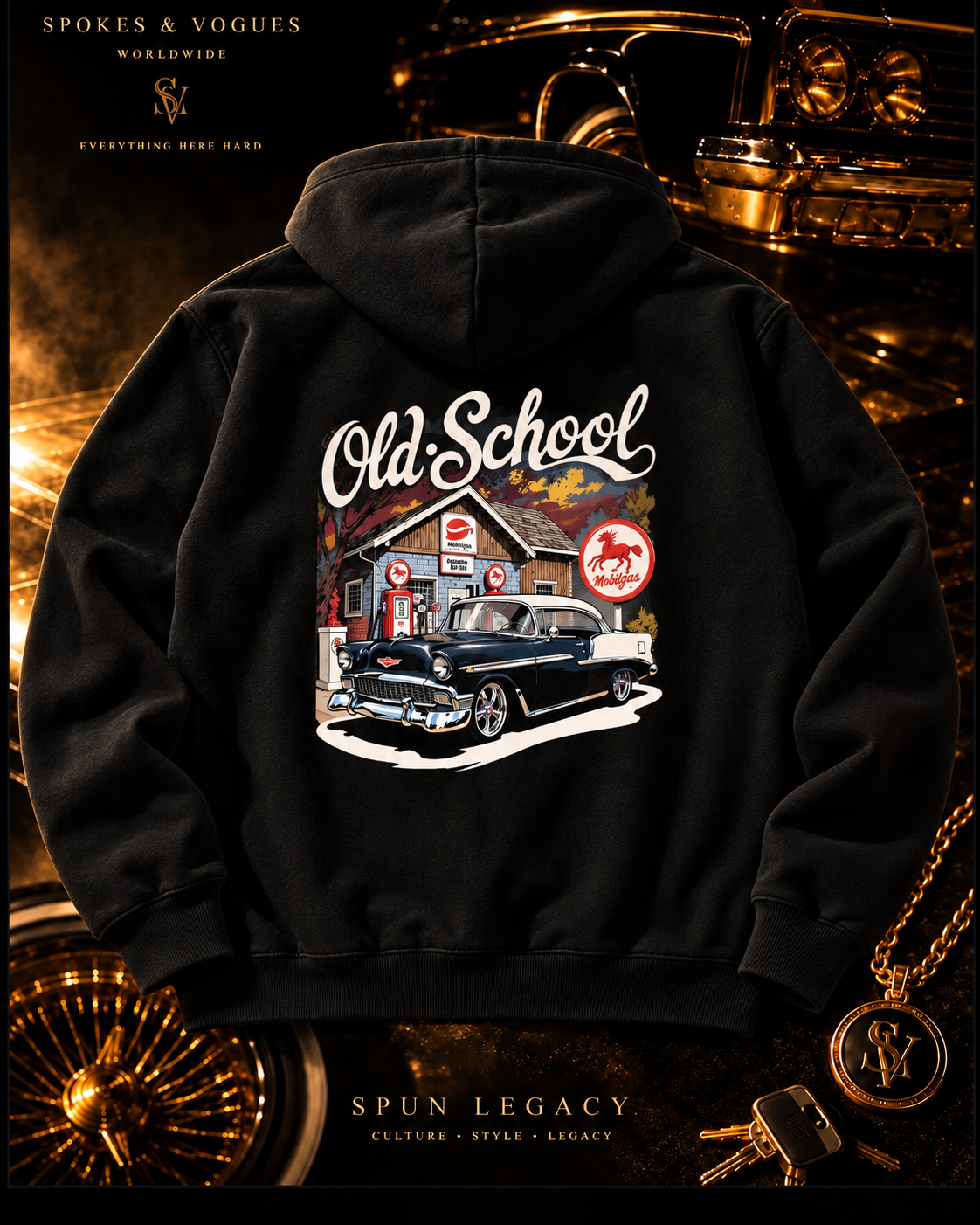 Old School black hoodie back graphic display with vintage car and gas station artwork