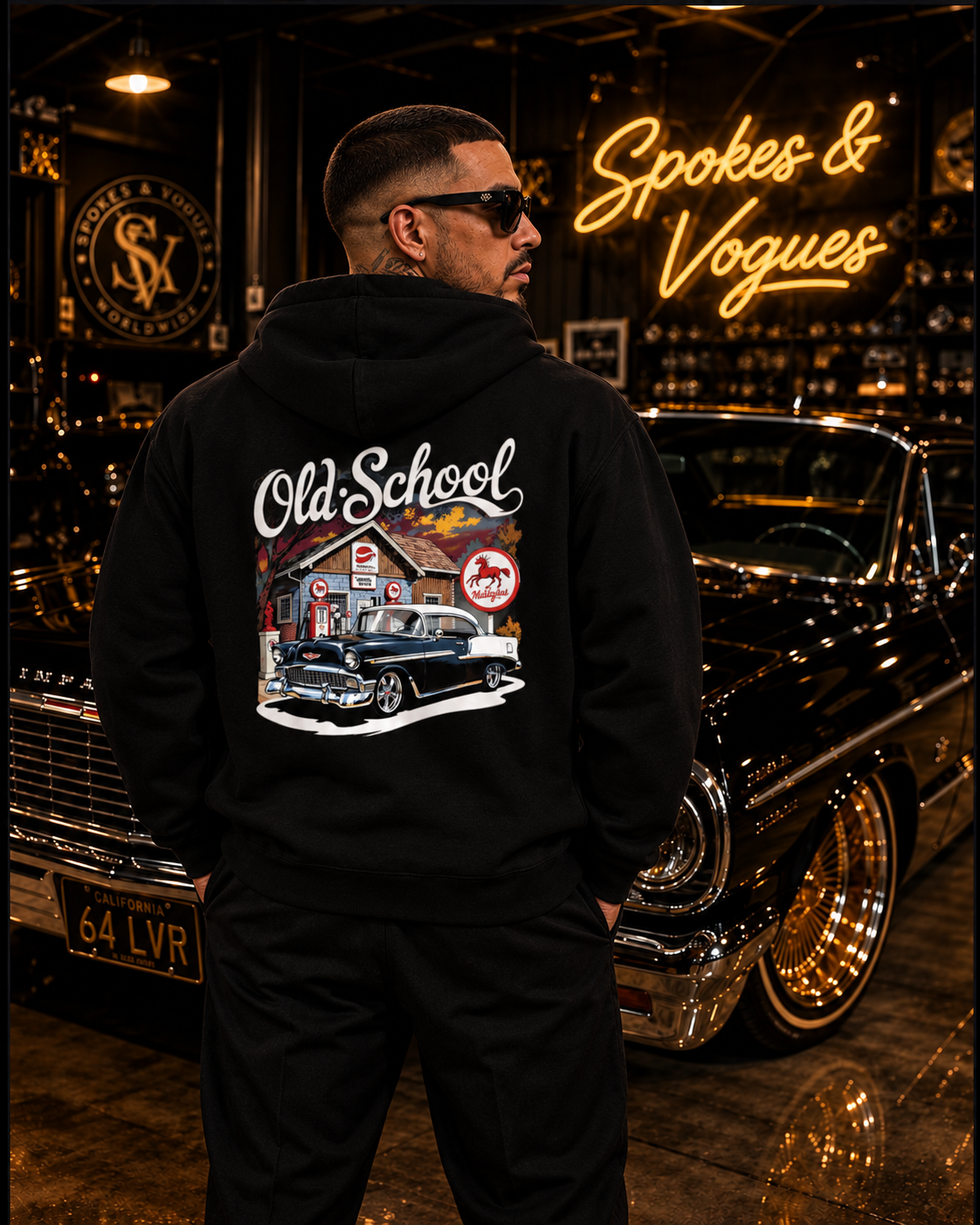 Model wearing Old School black hoodie showing back graphic