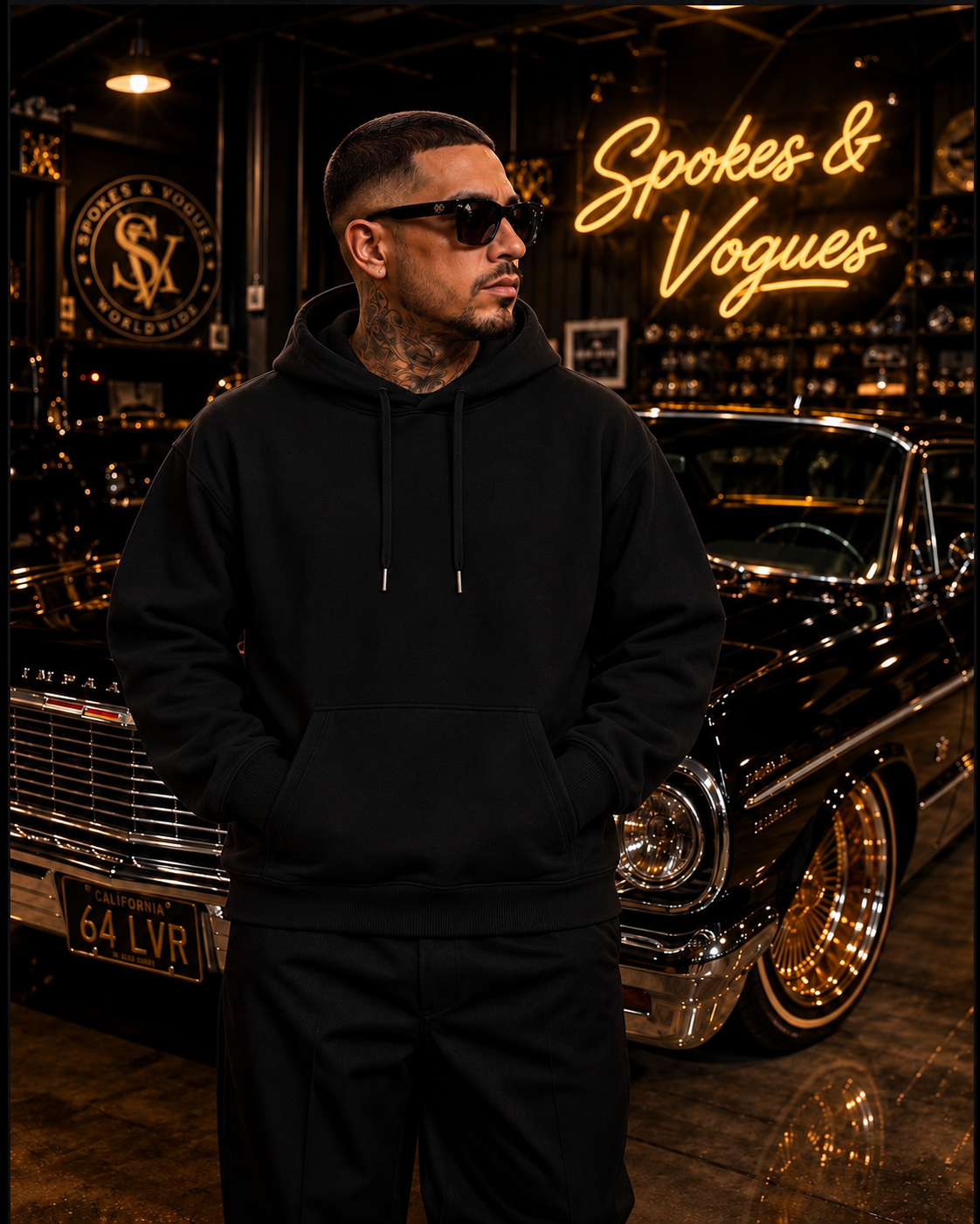 Model wearing Old School black hoodie showing plain front and kangaroo pocket