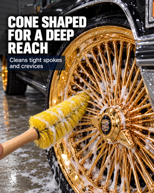 Spokes & Vogues cone-shaped wheel cleaning brush illustrated cleaning a gold wire-spoke wheel
