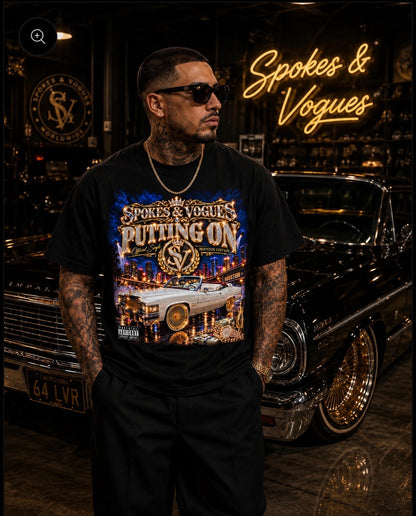 Model wearing Spokes & Vogues Putting On Houston Edition black graphic T-shirt