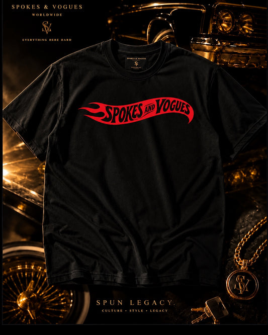 Spokes & Vogues red flame logo black T-shirt front
