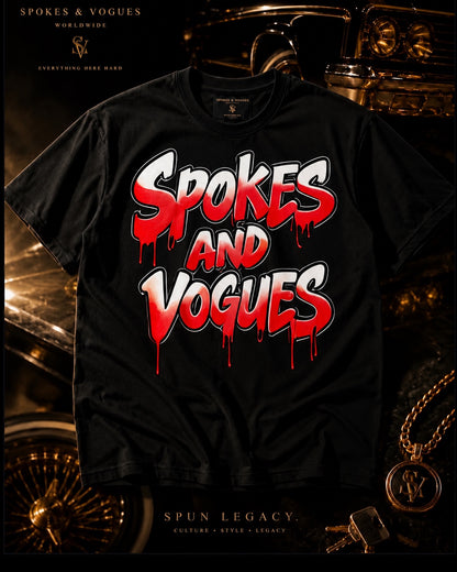 Spokes & Vogues red and white drip logo black T-shirt front
