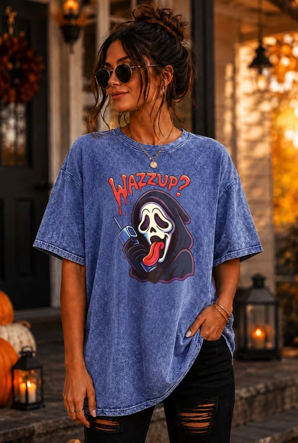 Blue washed WAZZUP graphic oversized T-shirt