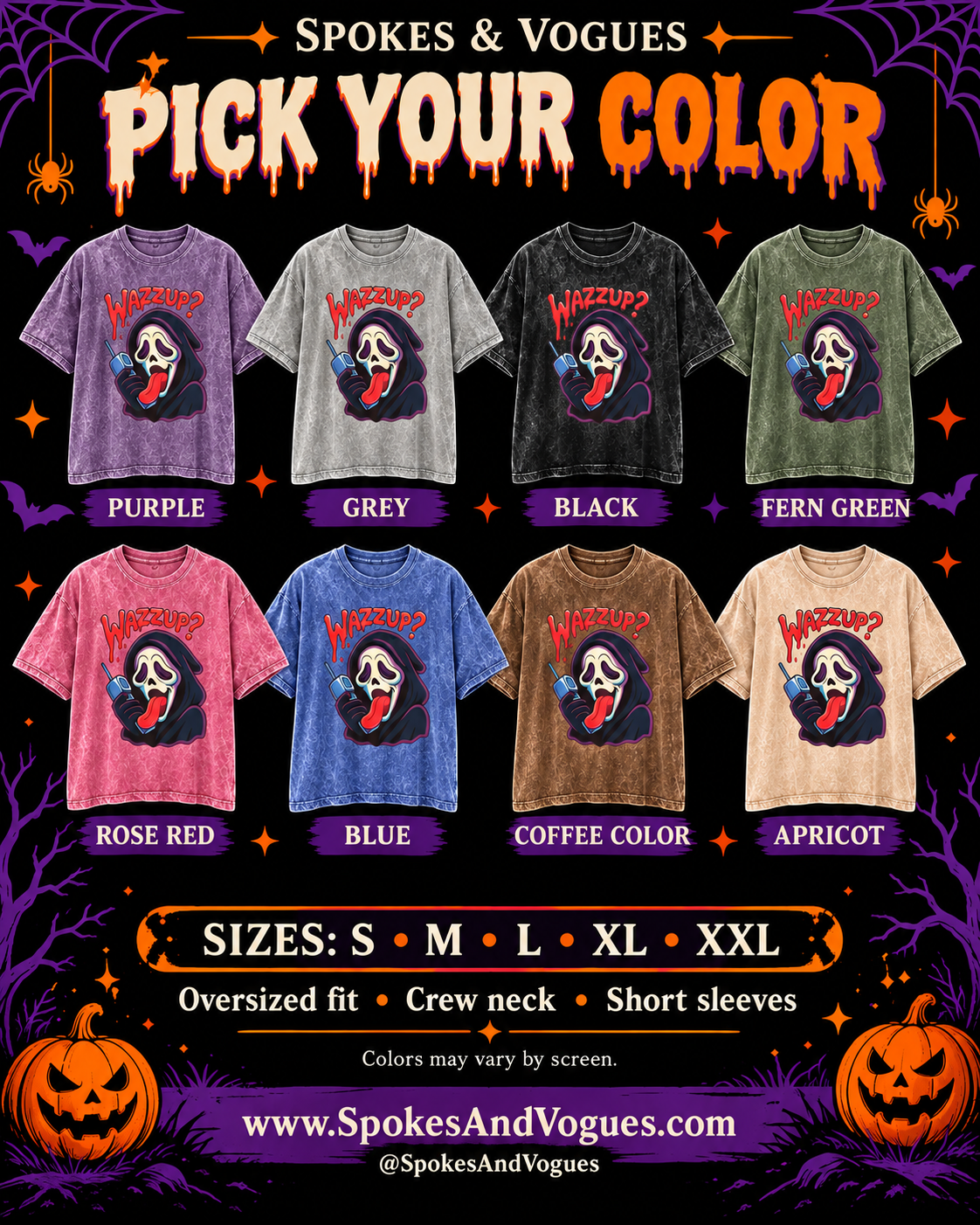 Purple, Grey, Black, Fern Green, Rose Red, Blue, Coffee Color and Apricot